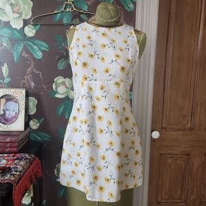 Hana Yellow Floral Sleeveless Mini Dress Textured Cotton Medium Vintage 90s